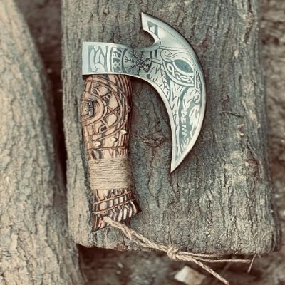 Viking Pizza Cutter Axe - Hand Forged Carbon Steel with Engraved Ash Wood Handle, Full-View, Viking-Inspired Design